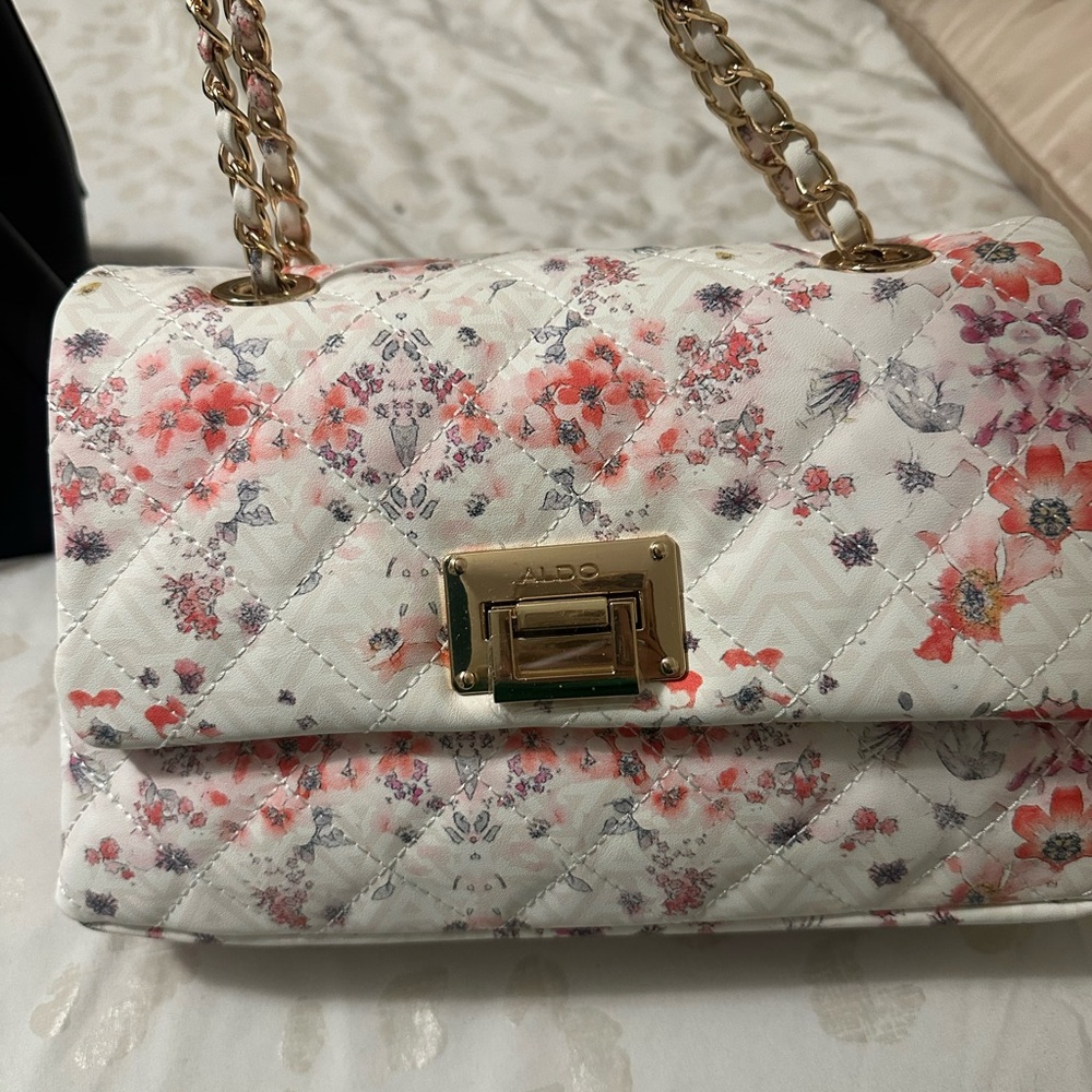 Aldo White and Pink Floral Quilted Shoulder Bag
